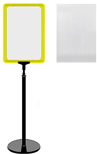 12 Plakatständer DIN A4 Rahmen gelb mit U-Tasche, Ständer Kunststoff schwarz, Teleskopständer mit rundem Fuß, Kundenstopper höhenverstellbar bis 68 cm, Aufsteller