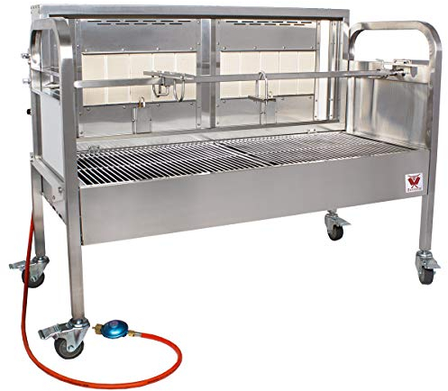 Beeketal 'BSG-120G' Gasgrill Spanferkelgrill aus Edelstahl mit Motor und Spieß (3-fach verstellbar), Gas Brenner mit Piezozündung, Grillwagen mit bremsbaren 360° Rollen, extra Holzkohlewanne