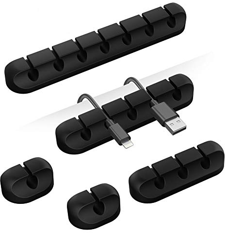Kabelhalter Kabelclips, 5 Stück Kabelmanagement, Klebehaken für Schreibtisch, Netzkabel, USB Ladekabel, Ladegeräte, Audiokabel, Büro und Privatanwender (Schwarz, 1-1-3-5-7 Steckplätzen)