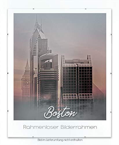 BIRAPA Boston Rahmenloser Bildträger rahmenlos - Rahmen mit Kunstglas, rahmenloser Glasbilderrahmen Look, Posterrahmen mit Klammern ohne Rahmen, Bilderhalter, Wechselrahmen, Cliprahmen