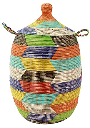 YAADU Wäschekorb mit Deckel - XXL Wäschesammler, Großer Wäschekorb, Wäschebehälter, Wäschetonne, Korb mit Deckel, Wäscheboxen, Afrikanischer Korb (Bunt)