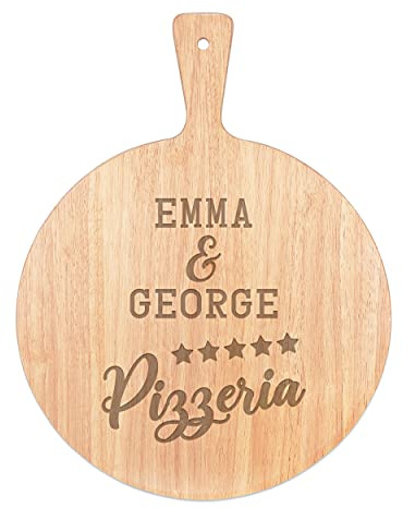 Personalised Custom Pizza Board Pizzeria Two Names Serving Tray Handle Paddle Round Wooden 45x34cm