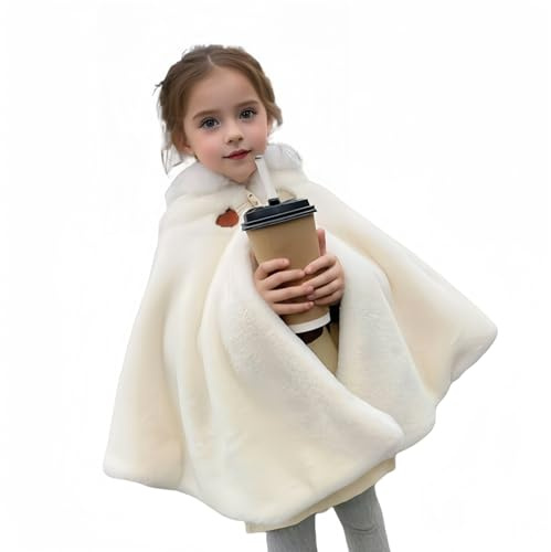 Proumhang Mantello da Bambina con Cappuccio,Poncho Invernale,Scialle all'aperto,Giacca con Cappuccio,Mantello da Principessa,Bebè Bambini Neonati Tuta da Neve,Bianco,110