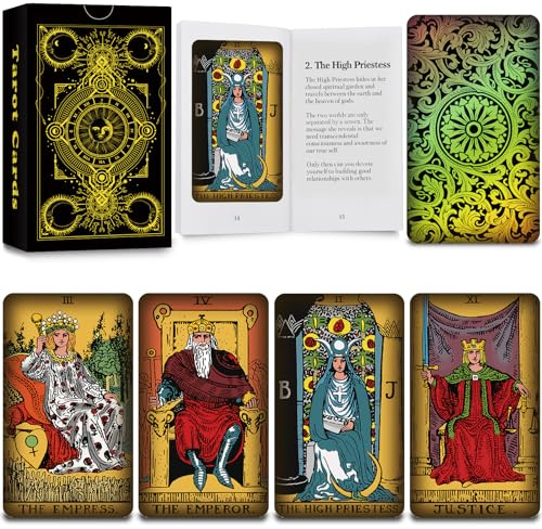 Smoostart Holografische Englische Tarotkarten mit Handbuch | Holografische Kartenrückseiten, attraktive Optik. Retro-Hintergrund. Handbuch mit allen Tarotkarten, Figuren & Legemustern