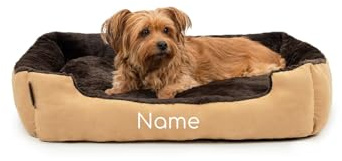 lionto Lit pour Chien avec Coussin réversible et Base antidérapante, Coussin Douillet pour Animaux avec entrée Basse pour Chiens et Chats de Tout âge, 75x60 cm, Marron/Beige (avec nom imprimé)