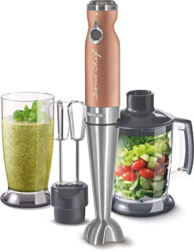 Sencor minipimer immersione SHB 56XX, frullatore 4 in 1, frullatore elettrico con bicchiere da 800ml, tritatutto elettrico, fruste elettriche, potenza da 1200w, 20 velocità (gold)
