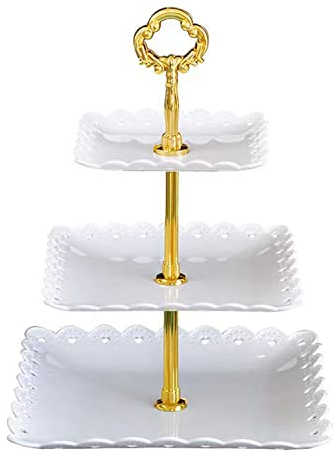 Wagoodter Alzata per dessert 3 livelli Alzata per cupcake Espositore per caramelle per frutta per la decorazione della festa del tè di compleanno di casa di nozze (Bianco (quadrato))