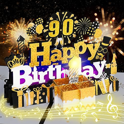 Geburtstagskarte zum 90., musikalische Geburtstagskarte mit ausblasbarer Kerze, „Happy Birthday“-Lied, Kuchen-Pop-up-Grußkarte für Frauen, Männer, Kinder, Ehemann, Ehefrau, Mama, Papa, Tochter