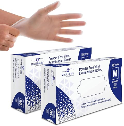 MediHands Clear Vinyl Gloves Medium Disposable Surgical Gloves, Box of 200 Powder Free Latex Free & Protein Free, Medical Gloves, Food, Multi Use