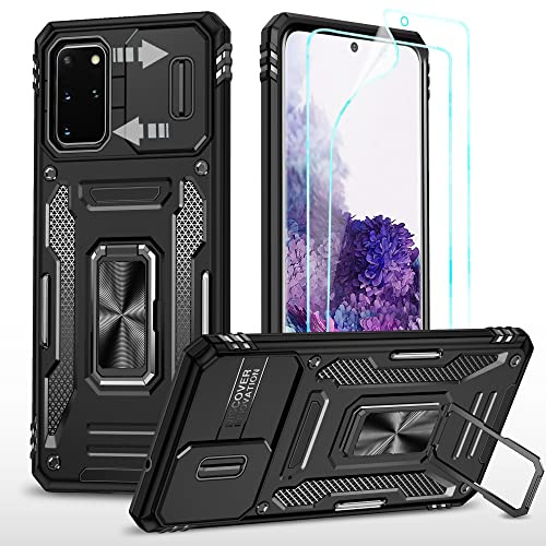 YmhxcY Hülle für Galaxy S20 Hülle,2×Stück Schutzfolie Weich TPU,Schutzhülle Militär Standard,Kameraklappe,360° Drehbare Metall Halterung, Passend für Samsung Galaxy S20 5G 6.2''-Schwarz