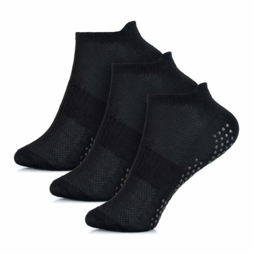 GM Apparel- 3 Pairs Girls Kids Gripper Socks - Non Slip Trampoline Grippy Sole - Dance Gym Sports Trainer Liner Low Cut Ankle Socks Heel Protection, Indoor (Black-4-6 Years UK)