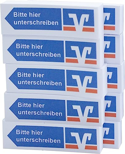 Litfax VR Haftnotizen Bitte hier unterschreiben mit Volksbank Raiffeisenbank Klebestreifen - 100 Blatt Sticky Notes je Block - Post It Haftstreifen (VR Bank - Blau - Pfeil Links, 10er Blöcke)