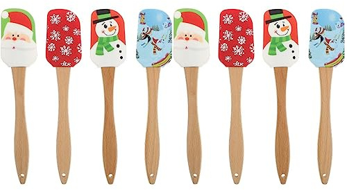 DOITOOL Teigschaber Weihnachten Für Die Küche, 8 Stück Silikon Spatel Weihnachten, Küchenspachtel Aus Silikon Weihnachtsspatel Mit Holzgriff Zum Backen Kochen Und Weihnachtsgeschenken Kuchenspatel
