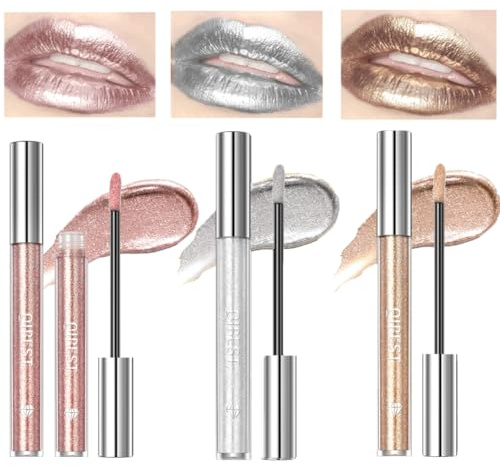 KARLOR Metallic Lippenstift Set, 3 PCS Lipgloss Glitzer Silber Gold Rosa matt metallic Lippenstift flüssig glänzend Lipstick Lipgloss Liquid Lipstick Glanz Punk Makeup