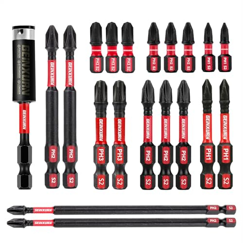 GEINXURN Impact Tough Phillips Bits PH1/PH2/PH3 Insert Driver Bits,19Pack Bulk Phillips Screwdriver Bits Set with 1Pcs Impact Bit Holder