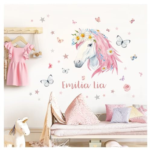 DEKO KINDERZIMMER Wandsticker Pferdekopf mit Name Wandtattoo personalisiert Schmetterlinge Mädchen Kinderzimmer Wunschname Wandaufkleber Babyzimmer DK1142-01