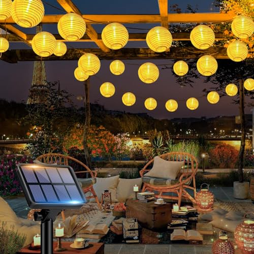 bitjam 8M 15LED Solar Lampions Außen Wetterfest, IP65 Wetterfest Solar Lichterkette Aussen Lampions Outdoor Weiß, 8 Modi LED Laterne Solarlichterkette für Garten Balkon Terrasse Deko (Warmweiß)