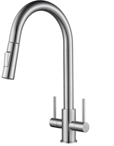 Kitchen Tap with Pull Out Sprayer Brushed Nickel Dual Lever Kitchen Sink Mixer Tap Swan Neck One Hole Monobloc Faucet