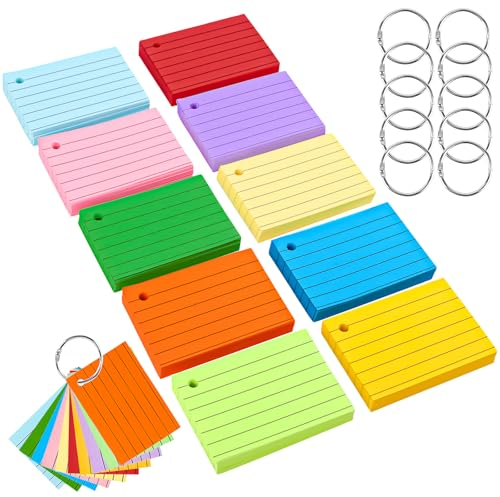 500 Stück Karteikarten A8 Liniert, Flash Cards Vokabelkarten Bunt Mit 10 Binderinge, Lernkarten für Büro, Schule, Zuhause, Lernen Notizen
