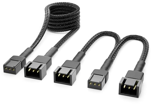 deleyCON 3-Pin Lüfter Kabel Set Verlängerungskabel - 90 cm Verlängerungskabel + 15 cm Y-Kabel Nylonkabel Plug & Play für PC Computer Workstation Schwarz