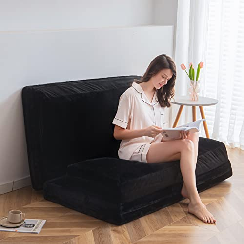 MAXYOYO Bean Bag Bed Folding Plush Sofa Bed Mattress for Adults, Extra Thick 4 Fold Floor Couch for Bedroom Living Room, Charcoal, 135x240 cm