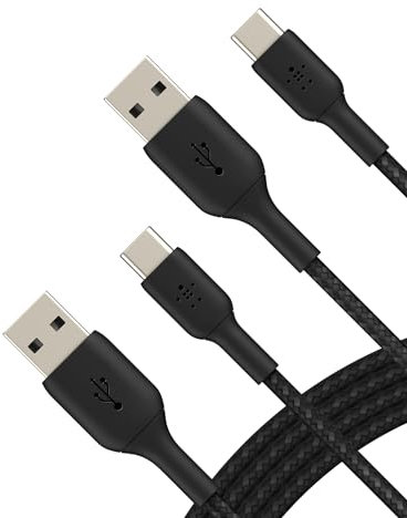 Belkin BoostCharge Braided USB-C to USB-A Charging Cable (3.3ft/1M) for iPhone 16 Series, Samsung Galaxy S25 Series, Google Pixel 9 & 8, iPad Pro, Nintendo Switch 2, Carplay, & More - Black (2-Pack)