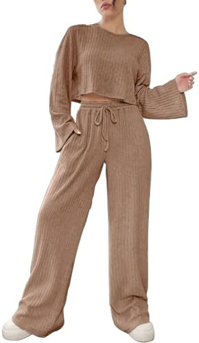 Hausanzug Damen Baumwolle Strick | Zweiteiler Damen Strickanzug Langarm | Strick Set Kuschelig Zweiteiler Lounge Set Strickset Weites Bein Elegant Outdoor Jogginganzug Strick Set Strickanzug