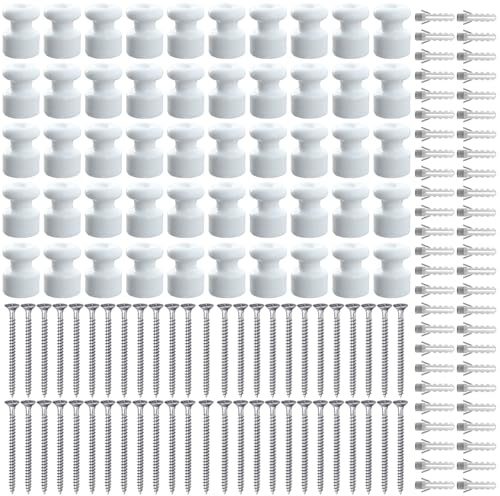 OASHISU 50 pz Isolatori in porcellana per installazione con cavo, Bianco | per installazione con cavo trecciato tessile, Isolatori per Cavi Trecciati, lucido, Ø18mm, isolatori in ceramica