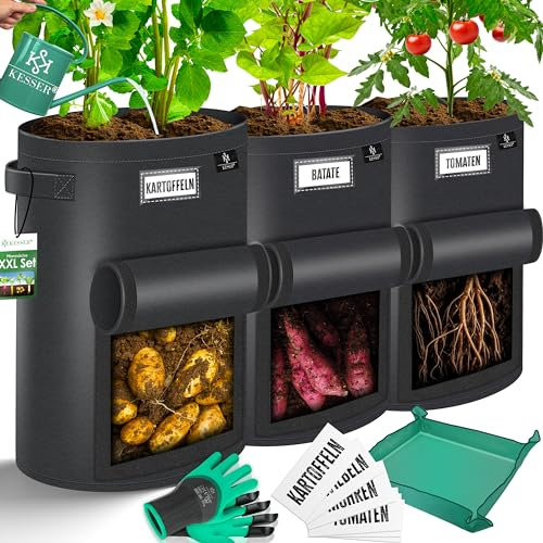 KESSER® Kartoffel-Pflanzsack 3-Set 38L | Kartoffel-Pflanzbeutel aus Vlies mit Namensschildern Pflanztasche mit Fenster & Griffen | Kartoffelpflanzgefäß waschbar mit Handschuhen & Arbeitsmatte Schwarz