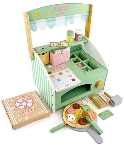 MERKAN, Pizza-Backset, für Kinder, Holz Pizzaöfen, Pizzastücke, versch. Zutatenpflaster, Pizzamesser, bewegliches Pizzamesser Holz, Terminal und Karte