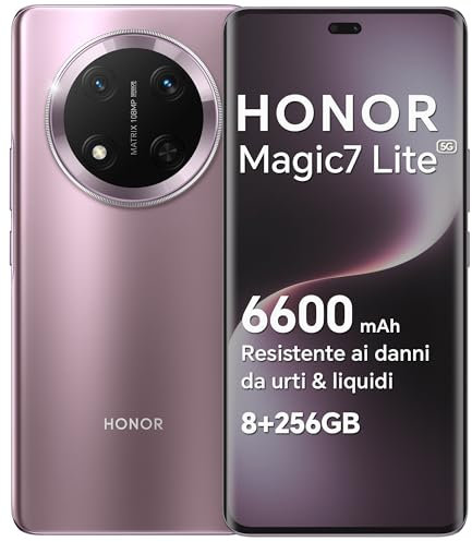 HONOR Magic7 Lite Smartphone 5G Android 14 Dual SIM NFC, 8GB RAM 256GB, 6600 mAh, 6.78 pollici AMOLED Display,Drop/Water/Heat-Resistente,108 MP, esperienza intelligente AI, Titanium Purple