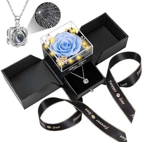 Lebana Preserved Real Sky Blue Rose Birthday Gifts for Women Wife Her Mum Mother Girlfriend Girls Grandma with I Love You Heart Necklace Eternal Rose Flowers on Anniversary Valentine's Day Christmas
