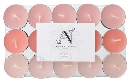 Aroma Naturals London Scented Tealight Candles Bag | 4 Hour Burn Time | Standard Size D3.77 x H1.45cm | Three Tone Coloured Wax & Aluminium Cups | Pack of 30 Tea Lights Scent (Wild Roses)