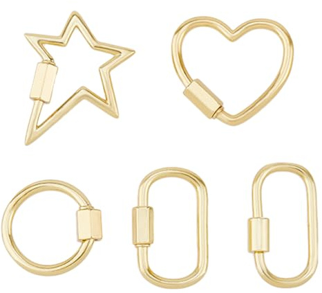 DICOSMETIC 5Pcs 5 Styles Brass Screw Carabiner Lock Charms Golden Screw Lock Keychain Heart Keychain Carabiner Oval Round Ring Star Small Key Chain for Keychains Necklaces Making