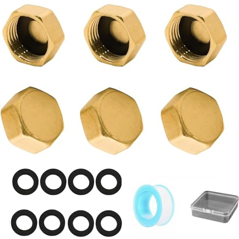 6PCS 3/8 Brass Blanking Cap Set, Female Hex Stop Caps, No-Leak Plumbing Fittings for Washing Machine, Radiator Valve, Tap or Faucet