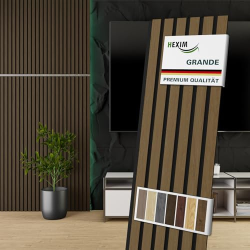 HEXIM Akustikpaneele 4 Stück 140x30cm Holz Grande - Wandpaneele Platten Lamellen Holzpaneele Echtholzfurnier 21mm Filz Schalldämmung MDF Braun (1,68m² Smoked Oak)