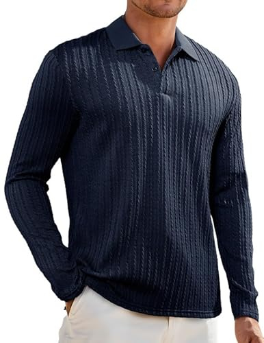 Elegancity Men's Polos Shirt Long Sleeve Regular Fit Cable Knit Navy Golf Polo Shirts for Men Business Casual Solid Color Breathable Work T-Shirts, Blue M