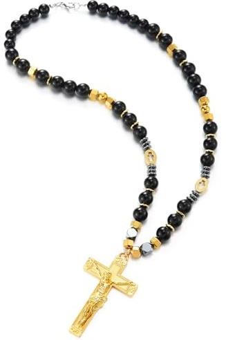 COOLSTEELANDBEYOND Goldenes Kruzifix-Rosenkranz-Halskette für Herren Schwarze Perlenkette mit Jesus-Kreuz-Anhänger