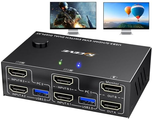 HDMI KVM Switch 2 Monitors 2 Computers with 4 USB 3.0 port, Simulation EDID | 2 Port USB 3.0 KVM Switch Dual Monitor 4K@60Hz for 2 Computers Share 2 Monitor and Keyboard Mouse Printer, with Wired Remote
