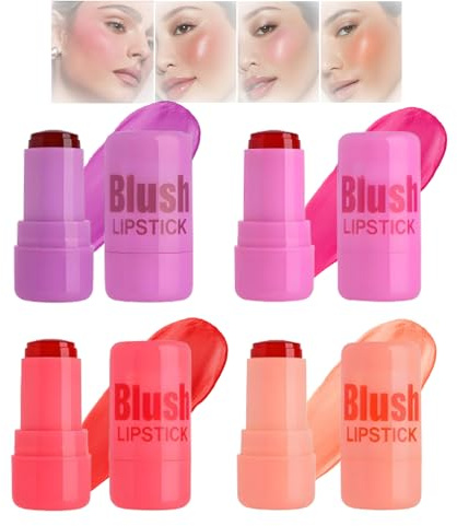 4 Pcs Jelly Blush Stick Set – Hydrating Jelly Tint for Cheeks & Lips – Dewy Glass Skin Finish Blush Buildable Moisturizing Multicolor Makeup Trio, Beauty Gift Kit for Daily Use
