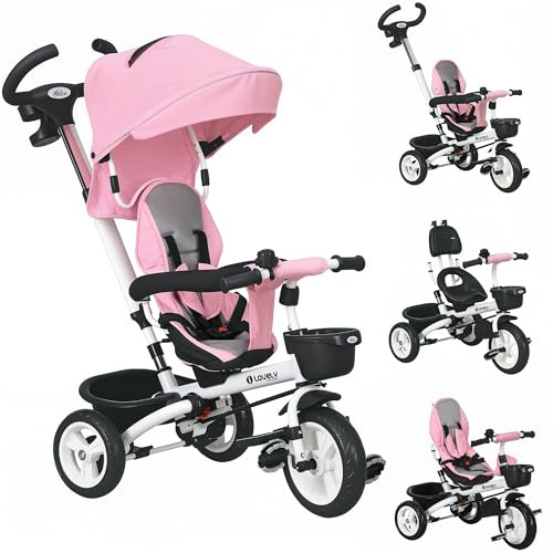 HOMCOM Tricycle bébé évolutif 6 en 1, Tricycle Enfant Pliable avec poignée parentale réglable, Capote, siège réversible, Harnais de sécurité 5 Points, Garde-Corps et paniers, pour 1-5 Ans Rose