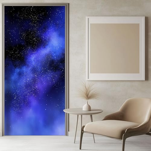 Türtapete Selbstklebend Türposter Aquarell Galaxie, 3D Blau Türaufkleber Wasserfest Türfolie Selbstklebend Fototapete 77x200 cm, für Schlafzimmer Gang Tür Deko