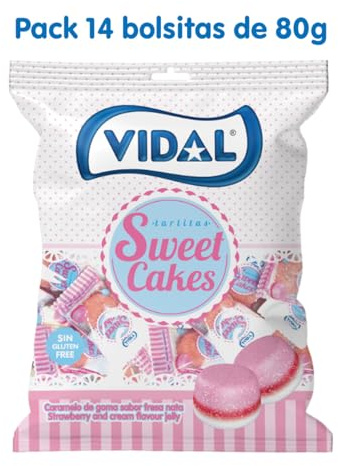 Vidal Golosinas – Sweet Cakes 14 × 80 g | Tartitas de Golosina sabor fresa-nata | Gominolas sin gluten para fiestas y candy-bar