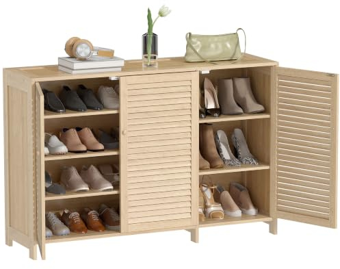 HOMCOM Bamboo Shoe Cabinet, 18 Pairs, 120 x 35 x 80 cm, Natural Wood | Louvered Doors, Shoe Storage Cabinet, Adjustable Shelves, Footwear Cupboard, Hallway, Entryway
