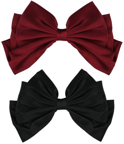 2 Pezzi Fermagli per Capelli con Fiocco in Raso, Accessori per Capelli con Fiocco Nero e Bordeaux Da Donna, Fermaglio per Capelli con Fiocco Grande e Clip a Molla, per Diverse Acconciature