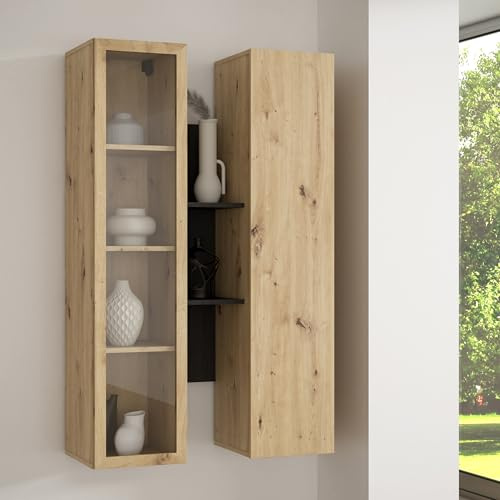 Forte BREATHTAKER Hängevitrine 80 90, moderner Skandi-Stil, 2-türig, beleuchtet, offene Ablage, Wandmontage, Artisan/Cabezone Eiche Holzdekor, 84,2 cm breit x 134,6 cm hoch x 33,9 cm tief