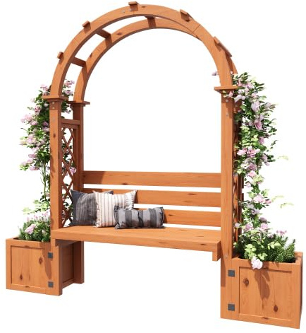 Arche à rosiers avec pot de fleurs et banc en bois de sapin naturel, tuteur pour plantes grimpantes, jardinière pour jardin, terrasse, cour