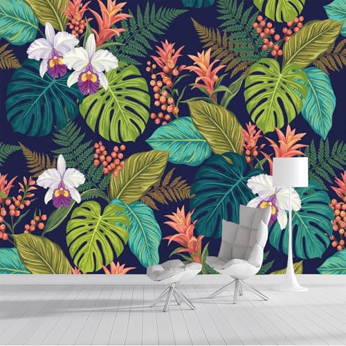 Murales Papel Pintado Fotográfico, 250X175Cm Grande Papel Pintado Orquídeas Tropicales Monstera Deliciosa, Plantas Exóticas Fotomurales Póster 3D Murales Decoración Para Dormitorio Salón, Turquesa