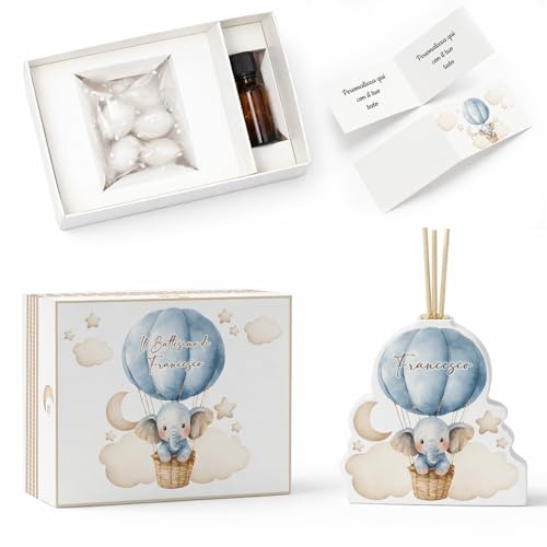 PV Grafik 5pz Bomboniera Profumatore Battesimo Maschio Personalizzato, Completa di Scatola Personalizzata, Bomboniera Battesimo Personalizzata, Profumatore Personalizzato. (ELE_BOY)
