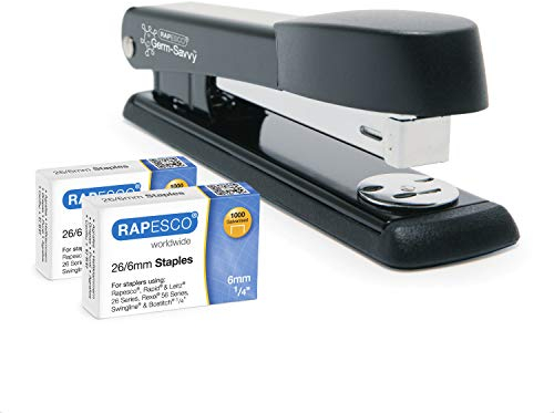 Rapesco 1602 Germ-Savvy Antibacterial Marlin Stapler, 25 Sheet Capacity and 2000 26/6 mm Staples, Black